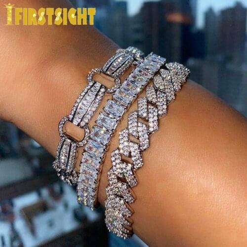 Hip Hop Men Cz Charm Bracelet 8mm Gold Silver Color Iced Out Bling Baguette 5A Cubic Zirconia Cz Cluster Tennis Chain Bracelets