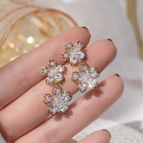 Korean hot selling fashion jewelry 14K real gold plated copper inlaid CZ zircon earrings elegant double flower women earrings