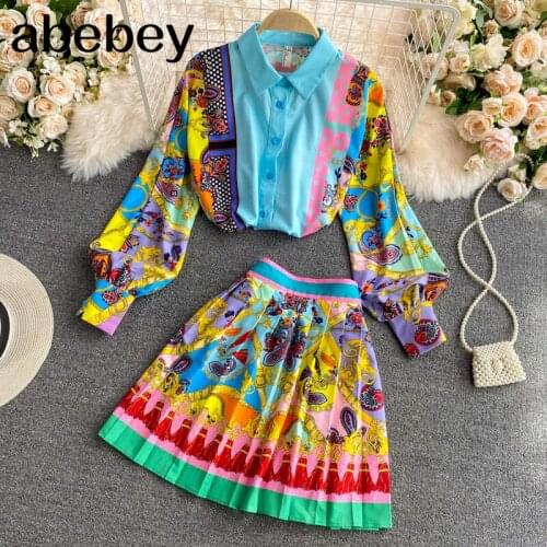 2021 New Summer Fashion turn-down collar long sleeve single breasted printed Shirt + high waist print pleated Skirt 2-piece set