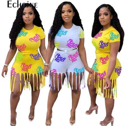 Echoine Summer PINK Print Fashion Two Piece Set Short Sleeve T Shirt And Tassel Shorts 2021 Women Sexy Casual Party Club Outfits