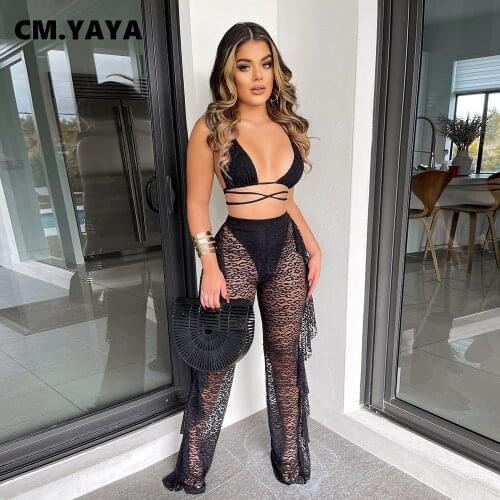 CM.YAYA Beach Sexy Lace See Though Pants Set for Women Bikinis Set Lace Up Crop Tops Matching Set Swimsuit Summer 2021