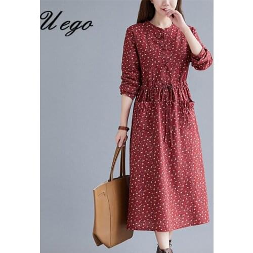 2021 New Arrival Long Sleeve Autumn Dress Print Floral Vintage Prairie Chic Dress Cotton Slim Women Spring Casual Midi Dress