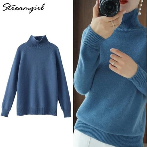 Streamgirl Winter Sweater Women Turtleneck Pullovers Solid Knitted Tops White Turtleneck Sweaters For Women Spring Blue Sweater