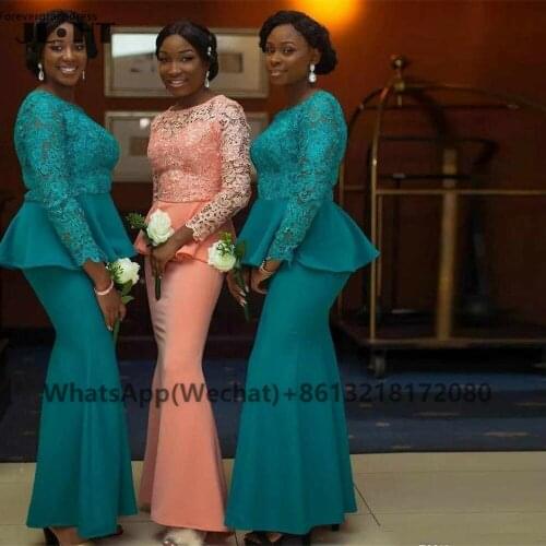 African 2021 Black Womens Mermaid Bridesmaid Dresses Long Sleeves Ruffles Elastic Satin Lace Wedding Party Bridesmaid Dress