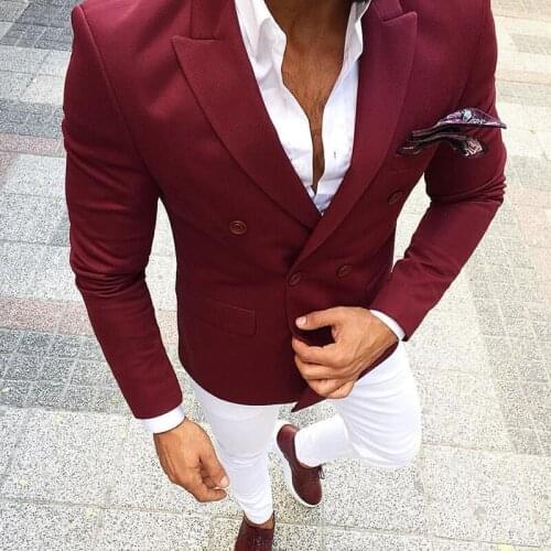 ANNIEBRITNEY Burgundy 2 Piece Slim Men Suit With White Pants Tailor Made Skinny Groom Wedding Tuxedo Prom Wedding Men Suit Set