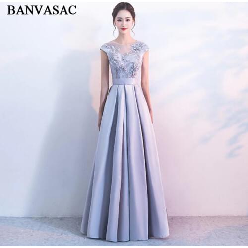 BANVASAC Illusion O Neck 2018 Lace Flowers Appliques Long Evening Dresses Party A Line Pearls Sash Backless Prom Gowns