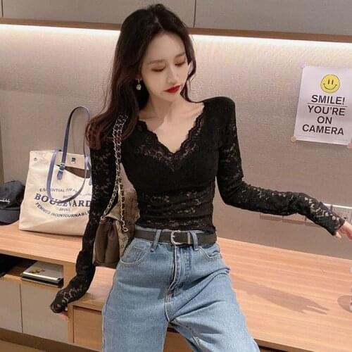 Blouse Women Retro Hollow Lace Womens Spring V-neck Sexy Long Sleeve Top Blusas Mujer De Moda