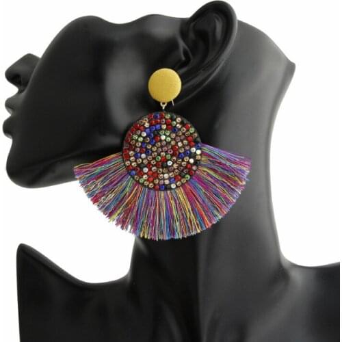 Bohemia Big Fan-shaped Tassel Earrings Fashion Statement Vintage Long Fringe Earring Silk Fabric Earring Jewelry