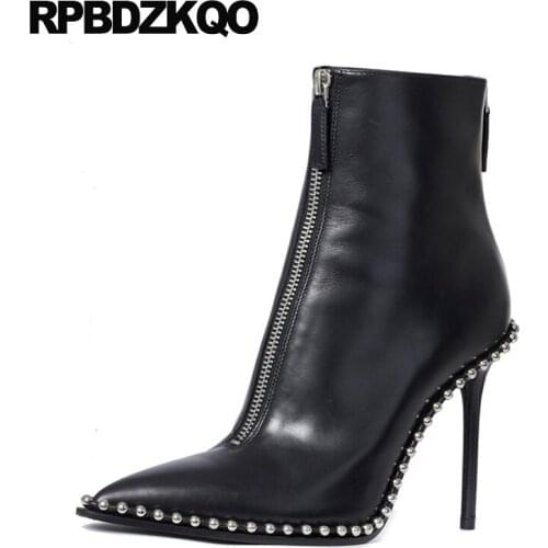 Metal High Heel Short Stud Autumn Fashion Black 2017 Booties Luxury Brand Shoes Women Pointed Toe Stiletto Zipper Ankle Chinese