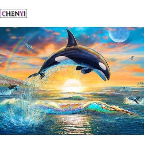CHENYI Rainbow Sea Diamond Painting 5D Full Drill Square Dolphin Diamond Embroidery Cross Stitch Kit Rhinestones Decoration Home
