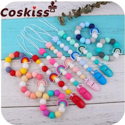 Coskiss 2Pcs/Set Rainbow Balloon Food Grade Silicone Products Teethers Bracelet and Teething Cute Soother Pacifier Clips Chain