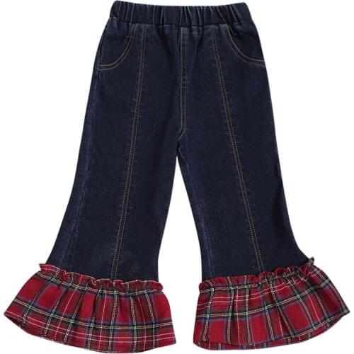 1-6Y Toddler Baby Kid Girls Denim Pant Ruffles Flare Jeans Plaid Trousers Christmas Children Girls Costumes