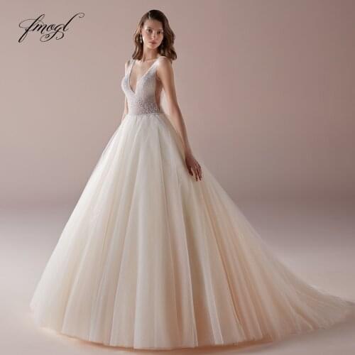 Fmogl Sexy Backless V Neck Vintage Wedding Dresses 2020 Elegant Spaghetti Straps Beaded Pearls Sweep Train A Line Bridal Gowns