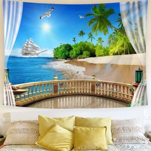 Window Ocean Tapestry Wall Hanging Palm Tree Nature Wall Tapestries Sea Landscape Dolphin Boho Home Decor Dorm Bohemian Curtains