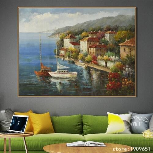 Cotton no frame Mediterranean sea boat water house canvas printings oil painting printed on cotton wall art decoration pictures