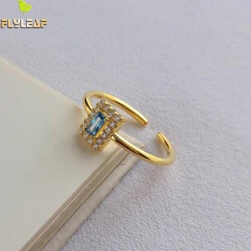 Flyleaf Geometric Square Cubic Zirconia Luxury Gold Real 925 Sterling Silver Rings For Women Fine Jewelry Open Ring High Quality
