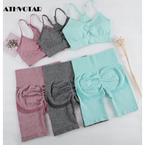 ATHVOTAR Two Piece Shorts Set Fitness Women Sexy Bra Running Shorts Set Workout Sport Gym Elasticity Tracksuits Biker Short Set