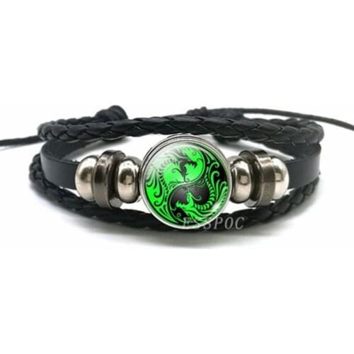 Creative Dragon Bracelet Yin and Yang Dragon Glass Cabochon Black Leather Bracelet Fashion Jewelry for Men Women Birthday Gifts