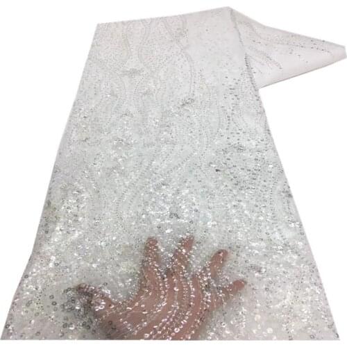 SJ Lace African Lace Fabric 2021 Beaded Sequins Lace African French Tulle Lace Fabric For Wedding Dress Sewing 5 Yards x6-67