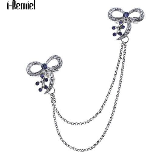 Retro Bow Design butterfly Metal Brooch for Women Suit Decorative Tassel Chain Crystal Rhinestone Pin Jewelry Luxury Accessories