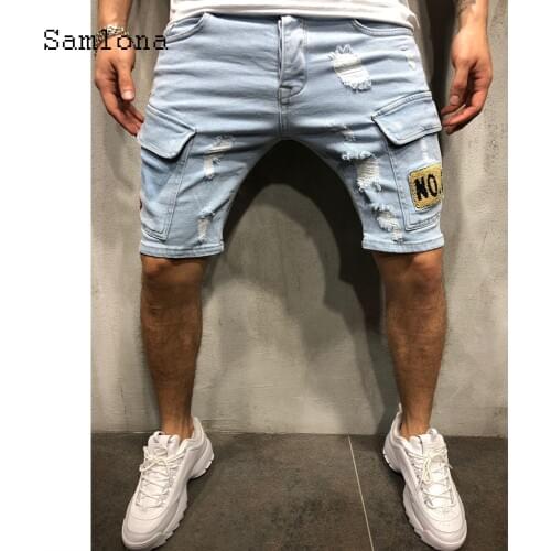 Samlona Mens Denim Shorts Sexy Leisure Jeans Pacthwork Hole Ripped Buttom 2021 Summer New Casual Demin Short Pants Male Clothes