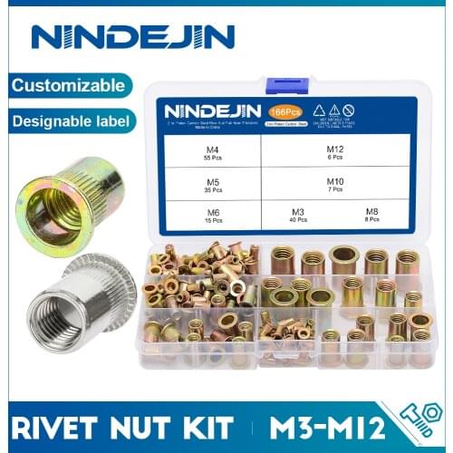 NINDEJIN 166pcs/set Mixed Carbon Steel Rivet Nut M3 M4 M5 M6 M8 M10 M12 Nut Zinc Plated Flat Head Threaded Insert Nut Kit