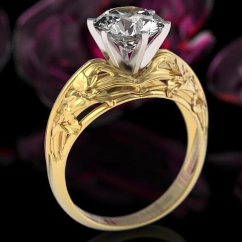 New Creative Double Color Tree Branch Totem Ring Luxury Yellow Gold Ring Fashion Jewelry Vintage Big White Stone Party Rings