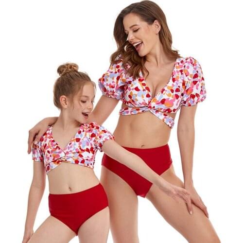 New Swimsuit Family Parent-Child Swimsuit Fashion Bubble Sleeve Bikini Sexy 2Piece Set Mother Daughter Matching Swimwear Clothes