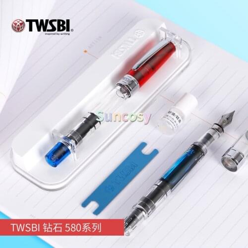 Twsbi Diamond 580 Fountain Pen, Transparent, Blue/Red, Designer Gift Set, Business Executive Pen and Case