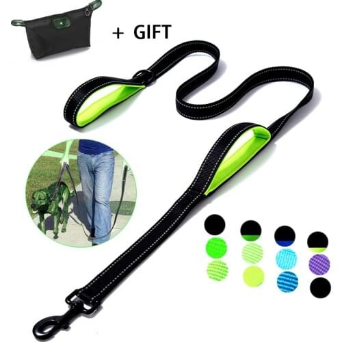 Dog Leash Dual Handle Hands Free Running Leash Shock Absorbing Extendible Bungee Reflective Stitching Adjustable Waist Belt