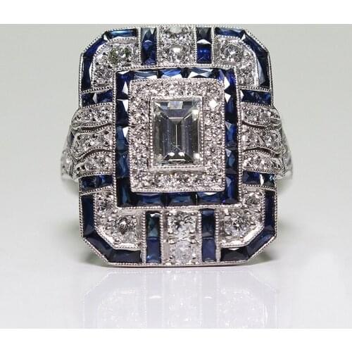 Luxury Geometric Wedding Ring For Women Square Blue And White Zirconia Engaggement Jewelry Ring Couple Wedding Anniversary Gift