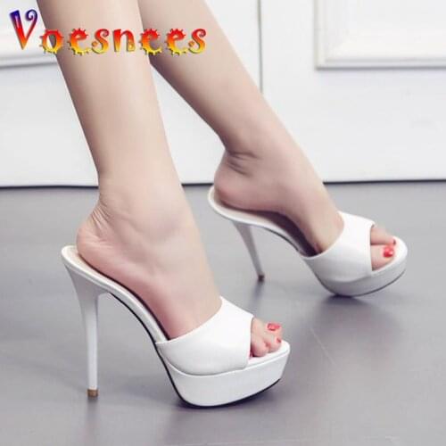 Women Slippers Concise Black 2021 Summer Outdoor Walking Sandal 13CM Waterproof Platform White Elegant Sexy Thin High Heel Shoes