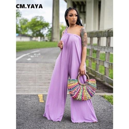 CM.YAYA Women Jumpsuit Solid One Shoulder Skew Collar Loose Straight Jumpsuits Sexy Fashion Streetwear Summer Outfits 2021