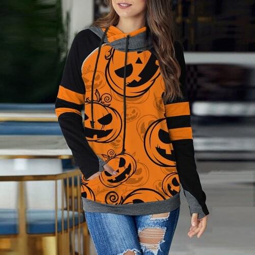 Halloween Hoodies Women Outerwear Autumn Winter New Long Sleeve Halloween Pumpkin Print Color Contrast Patchwork Hood Sweatshirt