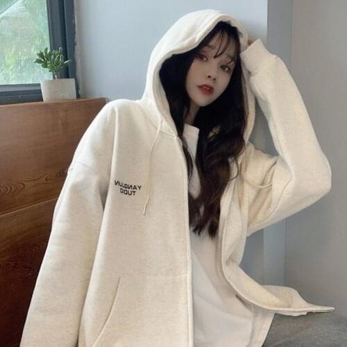 Letter Hoodies Women Loose Plus Velvet Zip-up Pockets Casual Oversize BF Ulzzang Harajuku Daily Streetwear Womens Trendy Jacket
