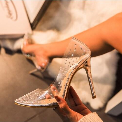 IPPEUM Women Golden Rhinestone PVC transparent Women Pumps Shoes Spring Autumn High Heels PVC Sexy Party Wedding Shoes Size 4-10