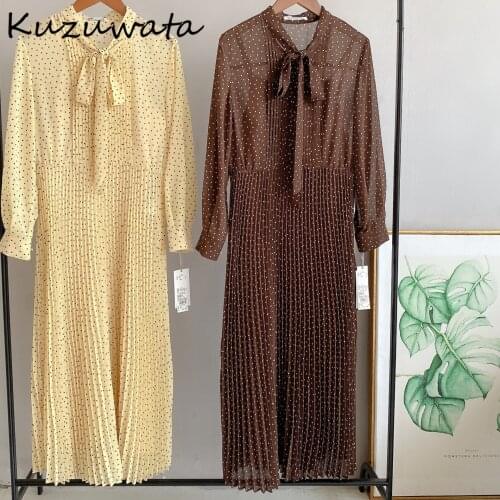 Kuzuwata Japan Style Sweet Drawstring Polka Dot Women Dresses Spring New Slim Waist Pleated Dress Fashion All-match Vestidos