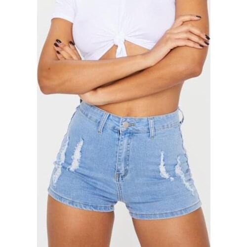 Sexy Ripped High Waist Blue Casual Denim Shorts Women 2021 Summer New High Elastic Slim Solid Color Hole Jeans Shorts For Lady