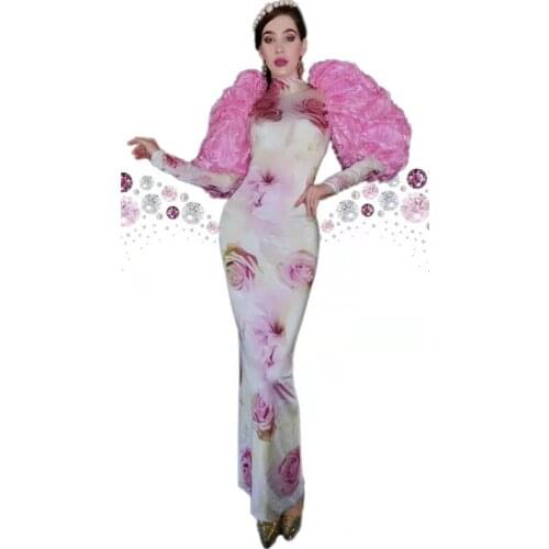 Women Dancer Show Dress Rose Flower Pattern Puff Sleeve Pink Long Dress Spandex Stage Wear Birthday Prom Party Outfit