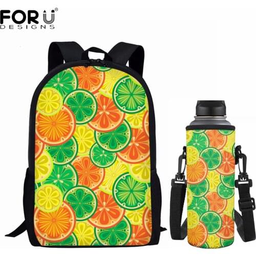 FORUDESIGNS Back to School 2Pcs Set Student Schoolbags Water Bottle Case Cartoon Fruit Lemon Print Backpack Cup Covers for Teens
