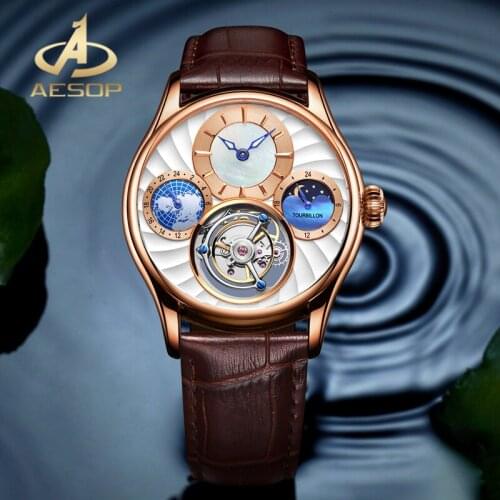 AESOP Fashion New Arrival Moon Phase Multifunctional Mechanical Watch Real Tourbillon Men Watch Sapphire Glass Waterproof Watch