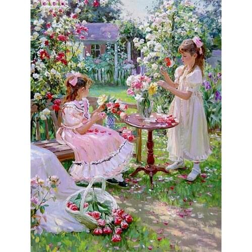 Diy 5D Diamond Painting Cross stitch Flower Garden with Children Full Diamond Embroidery mosaic Picture Home Decorative Gift