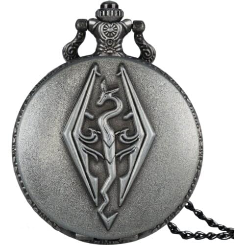 The Elder Scrolls V Theme Retro Bronze 3D Dragon Design Quartz Pocket Watch Necklace Chain Skyrim Pendant Gifts for Boys Girls