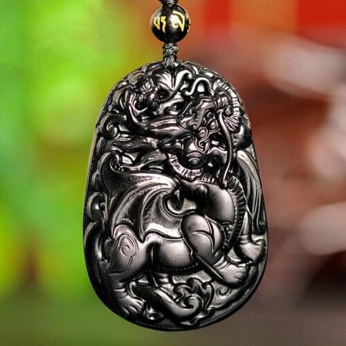Black Obsidian Dragon Jade Pendant Necklace Hand-Carved Chinese Fashion Charm Jewelry Accessories Amulet for Men Women Gifts