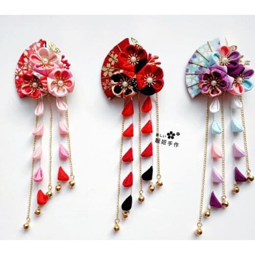 Antiquity Sakura Hair Clip Japanese Yukata Hair Accessories Fan Bell Tassel Hairpin Hanfu Kimono Tsumami zaiku Headdress