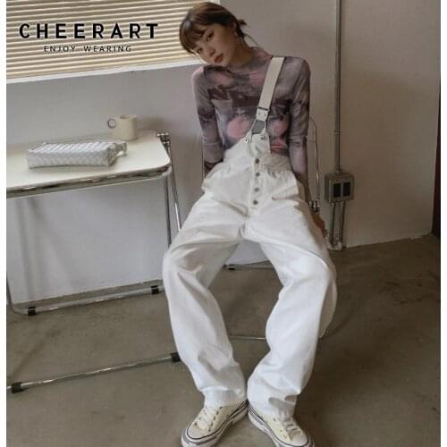 CHEERART Jeans Woman High Waist Denim Overalls Suspender Pants White Black 2021 Korean Fashion Straight Leg Jeans Clothing