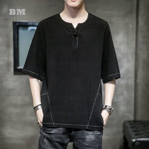 Summer Linen T Shirt 2021 Chinese Style Short Sleeve Plus Size Thin Top Loose Solid Color Tang Suit Harajuku Men Clothing