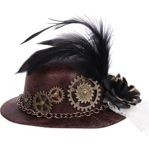 Halloween Gothic Mini Top Hat Steampunk Gears Chain Feather Cosplay Hair Clip
