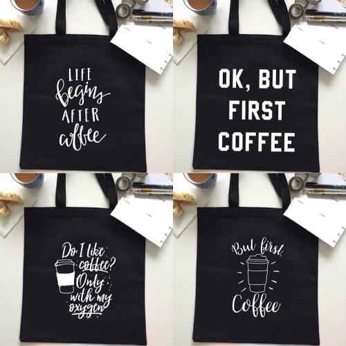 Coffee First Mom Life Printing Shopping Bags Women Canvas Bag Mom Life Shoulder Bag Harajuku Portable Bag Canvas Shopper Pouch