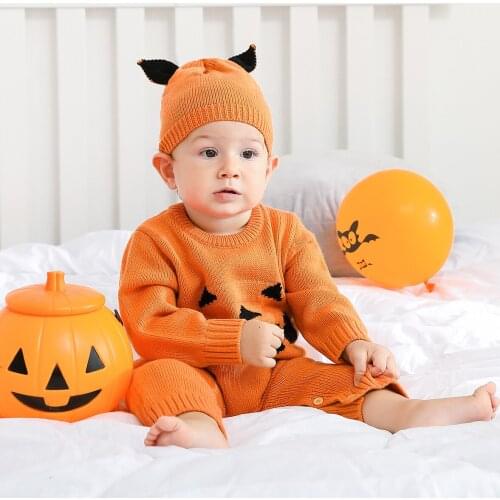 Newborn Baby Romper Unisex Boy Girl Halloween Jumpsuit Infant Knit Long Sleeve Clothing Toddler One Piece Overall with Cute Hat